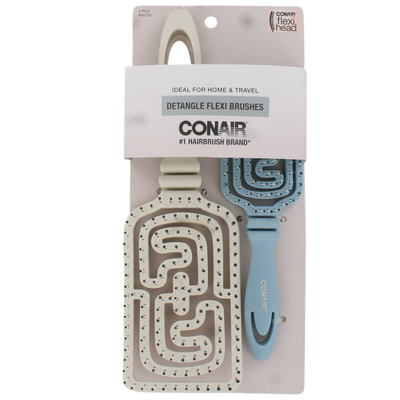 Conair Detangle Flexi Head Hair Brushes, Home & Travel Brushes, Assorted Sizes & Colors, 2-Count