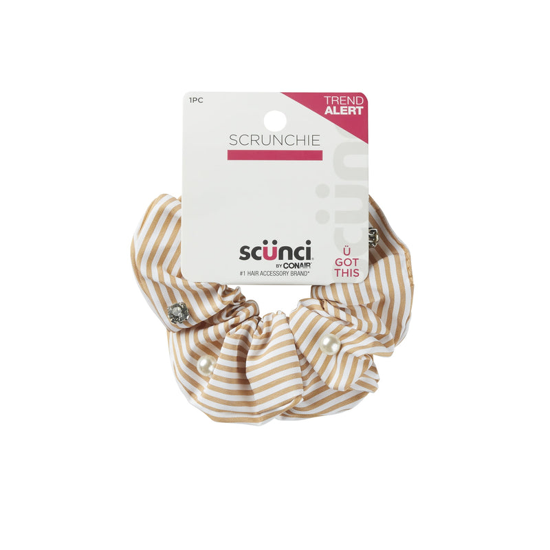 Scunci Striped Scrunchie Hair Tie with Pearl and Stone Accents, Tan and White, 1-Piece