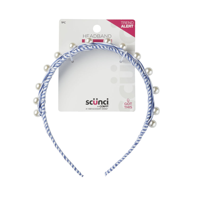 Scunci Striped Denim Fabric Headband with Pearl Embellishments, White and Blue, 1-Piece