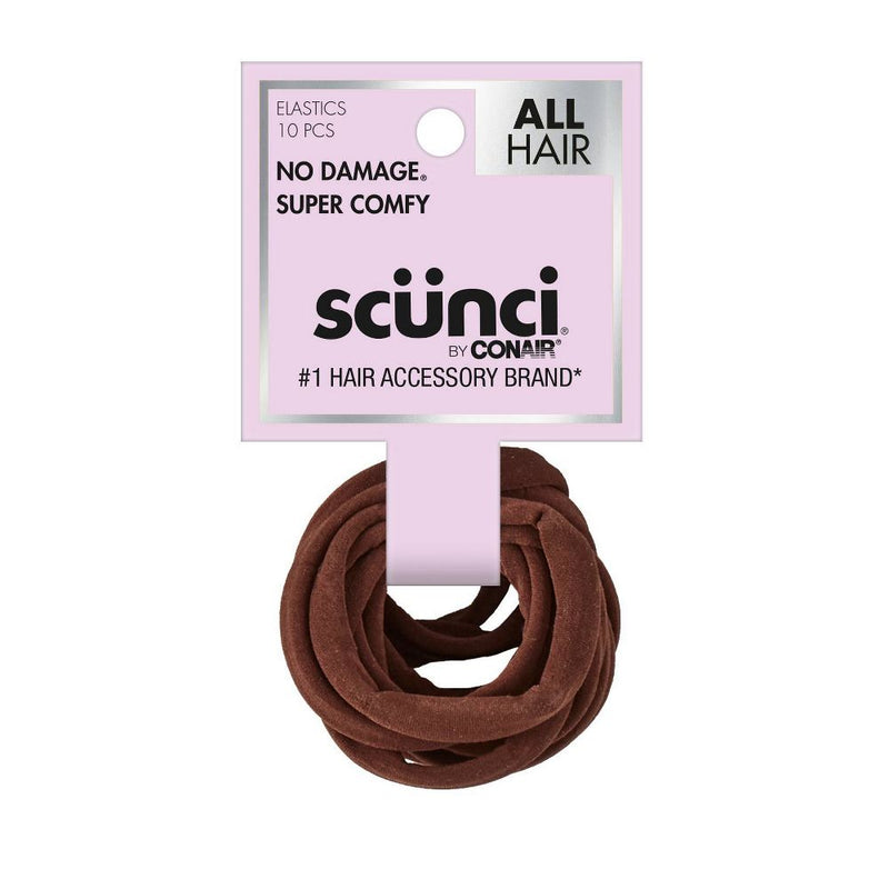 Scunci No Damage All Hair Super Comfy Hosiery Elastic Hair Ties, Brown, 10-Count