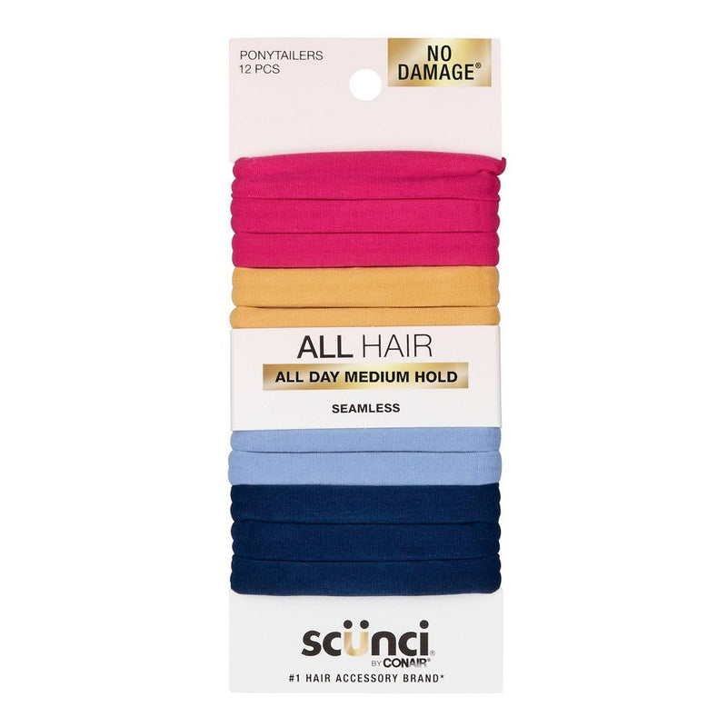 Scunci All Hair No Damage Super Comfy Hosiery Elastic Hair Tie Ponytailers - Assorted Colors, 12-Count
