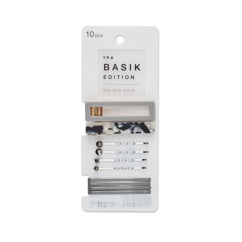 Scunci The Basik Edition Mix and Stack Hair Slides – 10-Piece Assorted Bobby Pins and Clips Set for Women, Neutral and Tortoise Finishes, Everyday Hair Accessories