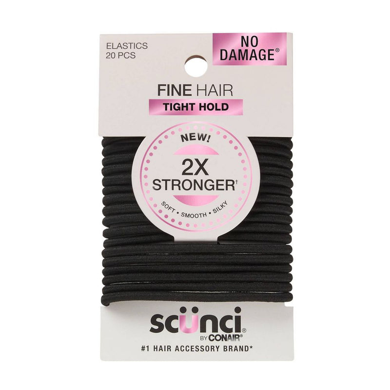 Scunci No Damage Fine Hair Tight Hold 2X Stronger Elastic Hair Ties, 3mm, Black, 20-Count