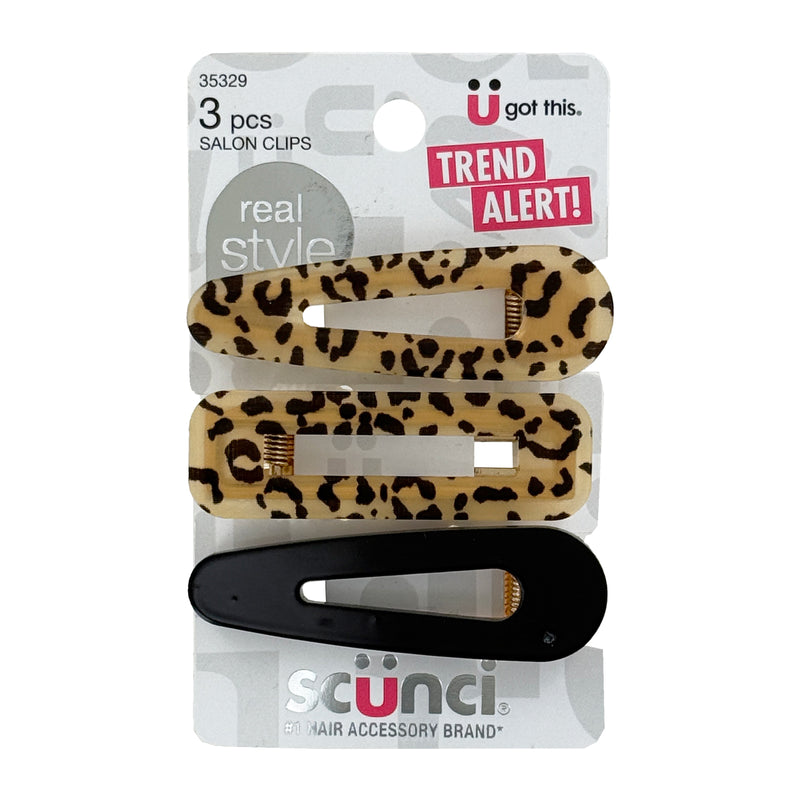 Scunci Real Style Hair Salon Clips, Animal Print & Black, 3-Pieces