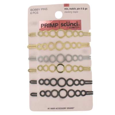 Scunci PRIMP Mixed Metal Circle Design, Stylish & Secure HoldBobby Pins, 6-Pack