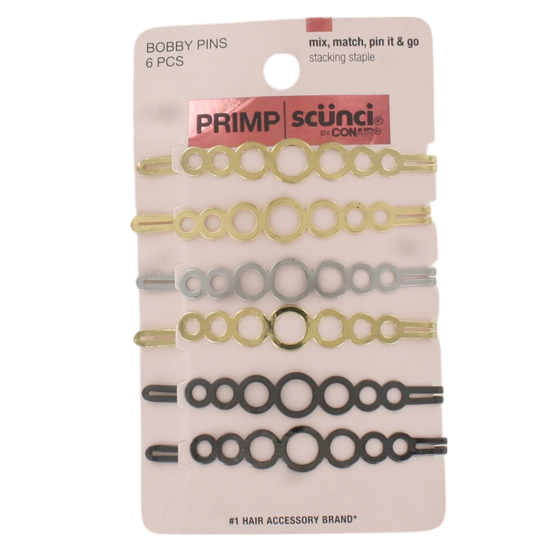 Scunci PRIMP Mixed Metal Circle Design, Stylish & Secure HoldBobby Pins, 6-Pack