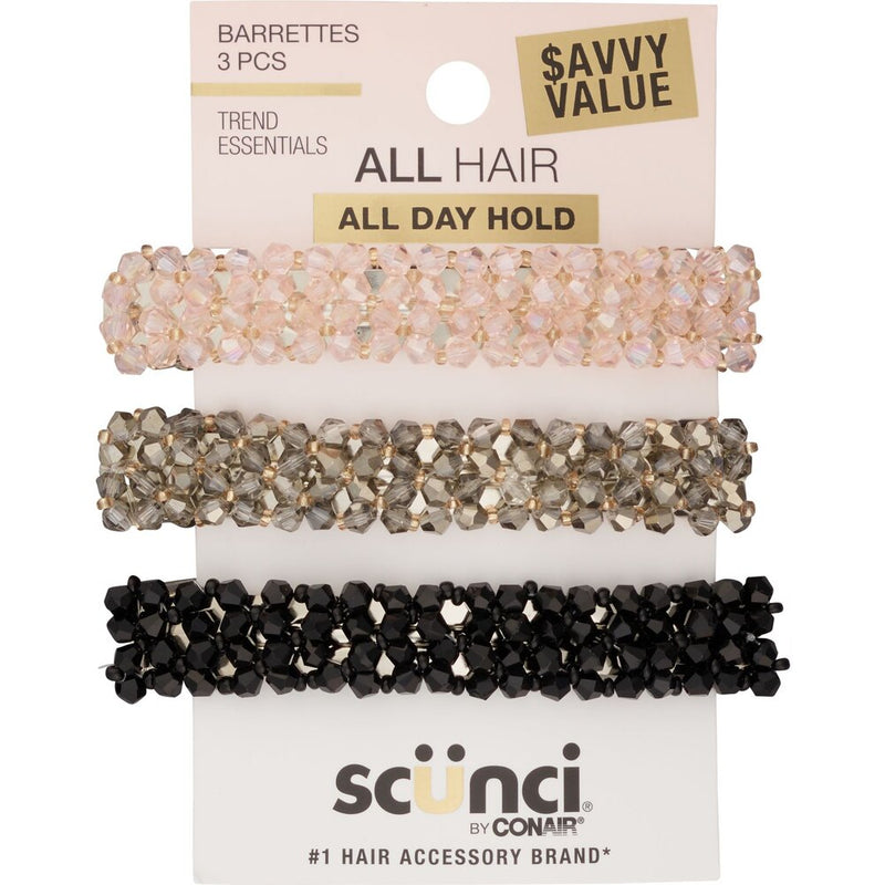 Scunci All Hair All Day Hold Beaded Barrettes, Assorted Colors, 3-Pieces