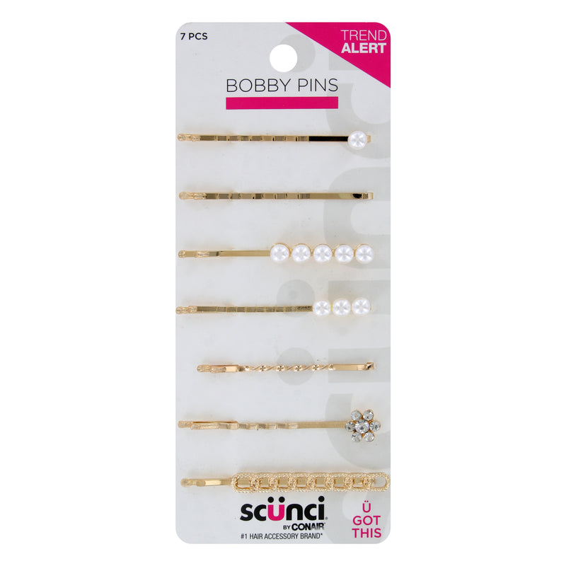 Scunci Trend Alert Gold, Pearl and Rhinestone Bobby Pins, 7-Pieces
