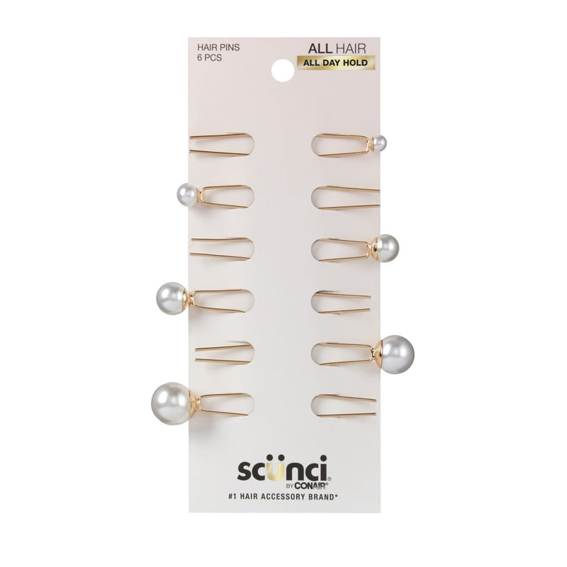 Scunci All Hair All Day Hold Pearl Hair Pins, Gold, 6 Count