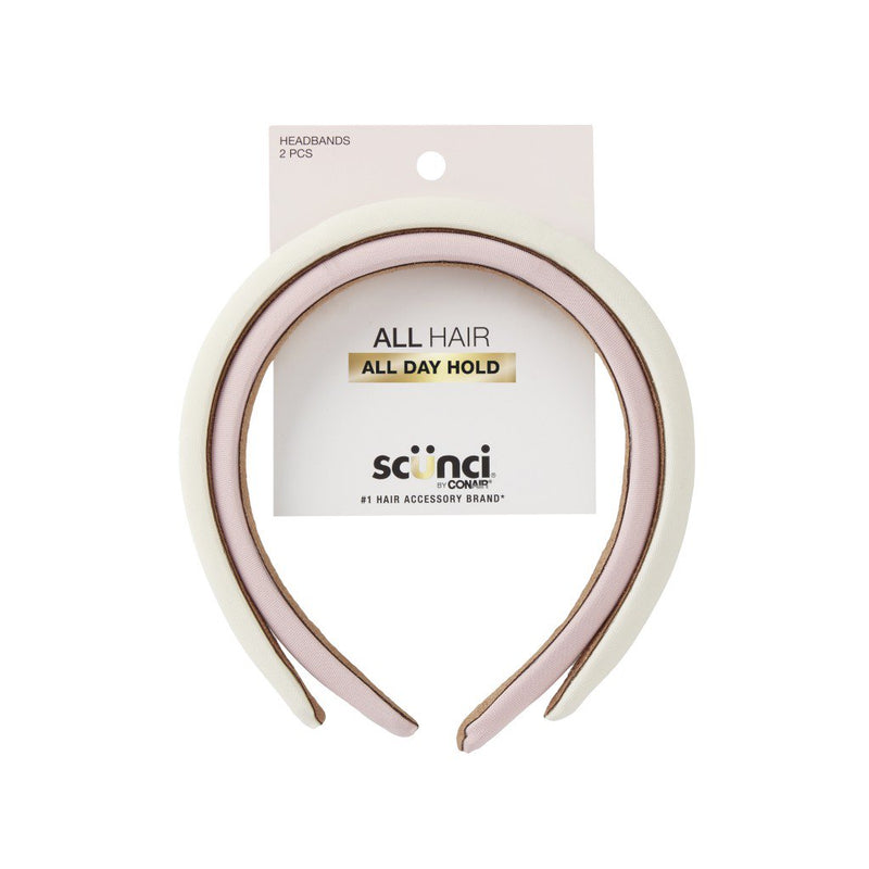 Scunci ALL Hair All Day Hold Padded Headbands, Pink and Off-White, 2 Count