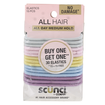 Scunci No-Damage Hair Elastics, All Hair Types, Assorted Colors, 30-Count