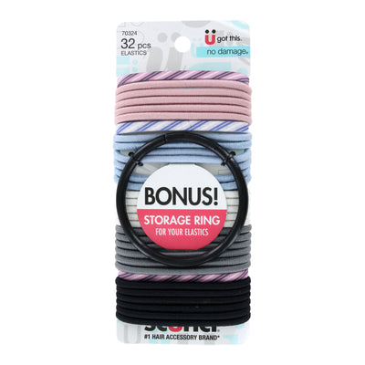 Scunci No-Damage Elastic Stretch Nylon Ponytailers, Assorted Colors, 32-Pieces