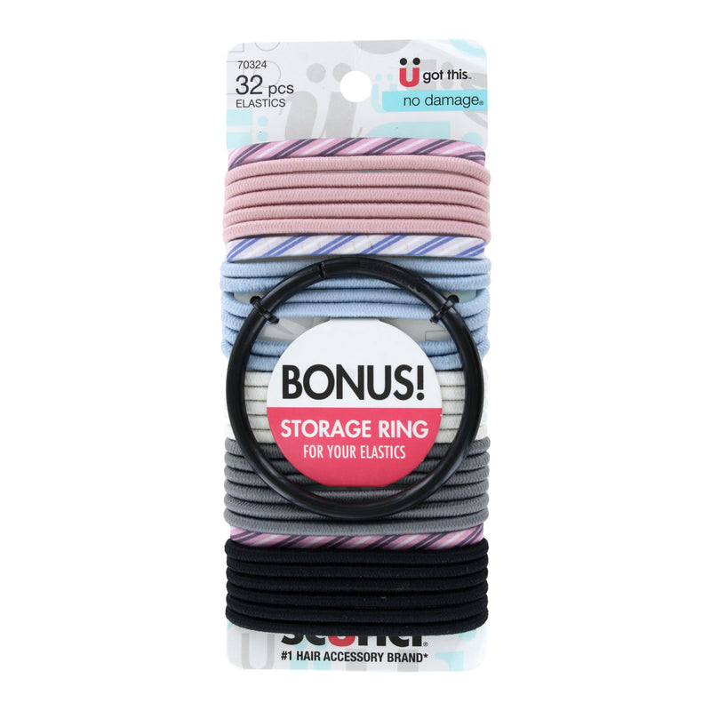 Scunci No-Damage Elastic Stretch Nylon Ponytailers, Assorted Colors, 32-Pieces
