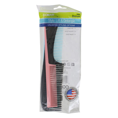 Conair Style, Lift & Detangle Assorted Hair Combs, Assorted Colors, 3-Pieces