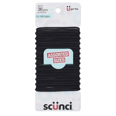 Scünci No Damage Stretch Nylon Elastics in Assorted Widths in Black, 36 Count