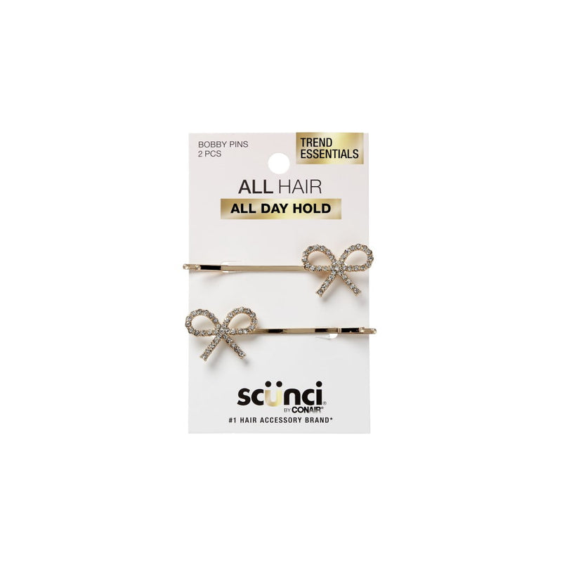 Scunci Trend Essentials Bobby Pins, 2-Pack, Gold with Rhinestone Bow Design, All-Day Hold, Fashion Hair Accessory for All Hair Types