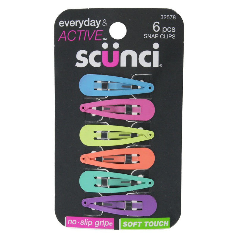Scunci Everyday & Active No-Slip Grip Soft Touch Hair Snap Clips, Assorted Neon Colors, 6-Pieces
