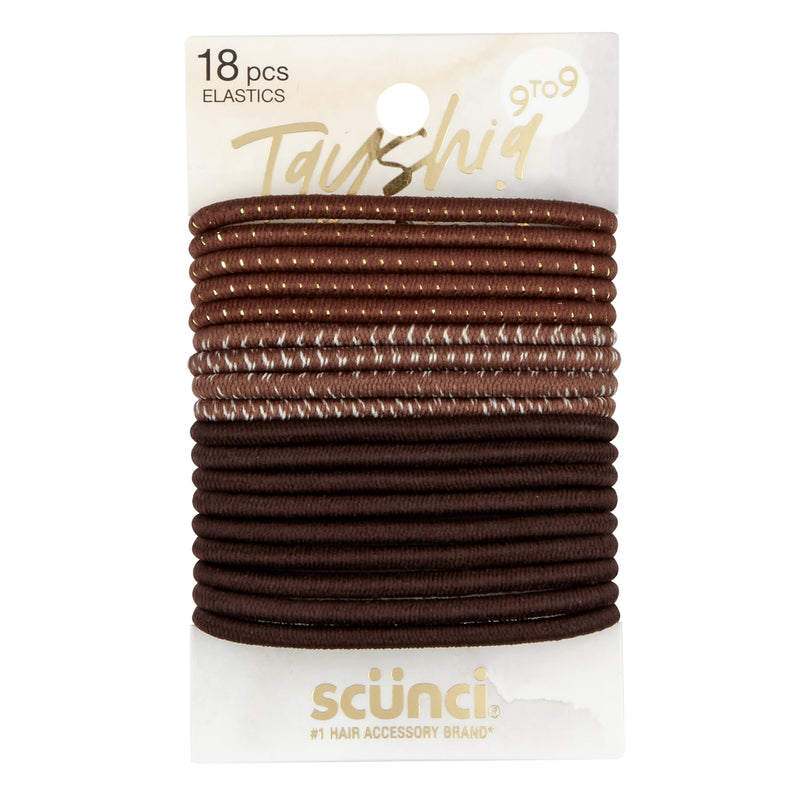 Tayshia by Scunci No Damage Elastic Ponytail Holder Hair Ties, Assorted Brown, 18-Count