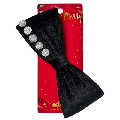 Scunci Merry Black Velvet Bow Barrette with Faux Pearls, 1-Count