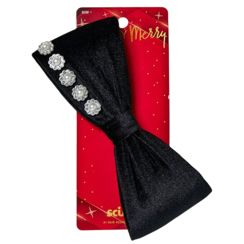 Scunci Merry Black Velvet Bow Barrette with Faux Pearls, 1-Count