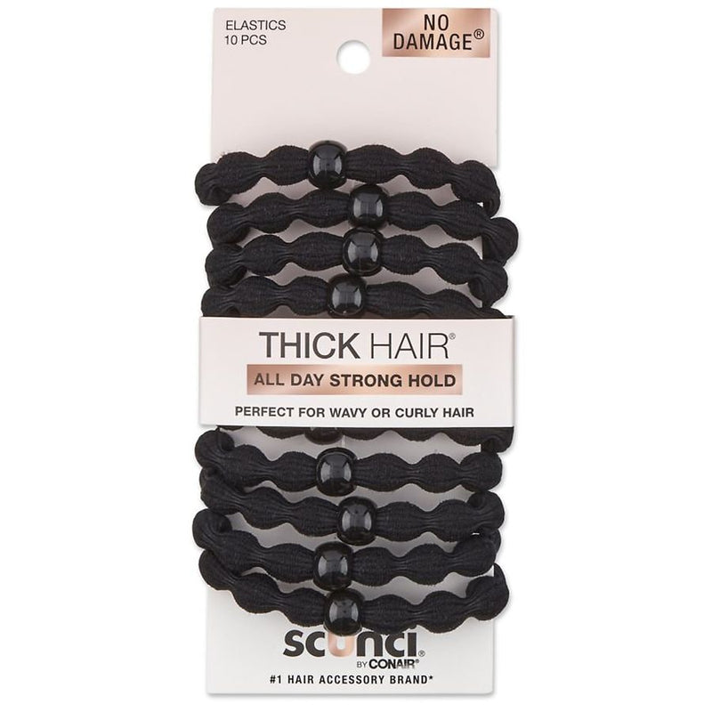 Scunci Thick Hair No Damage Elastics – Black, Strong Hold, 10-Pack