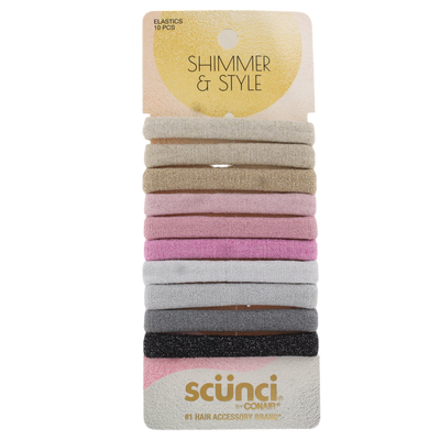 Scunci Shimmer & Style Glitter No Damage Hair Elastics, Assorted Colors, 10-Count