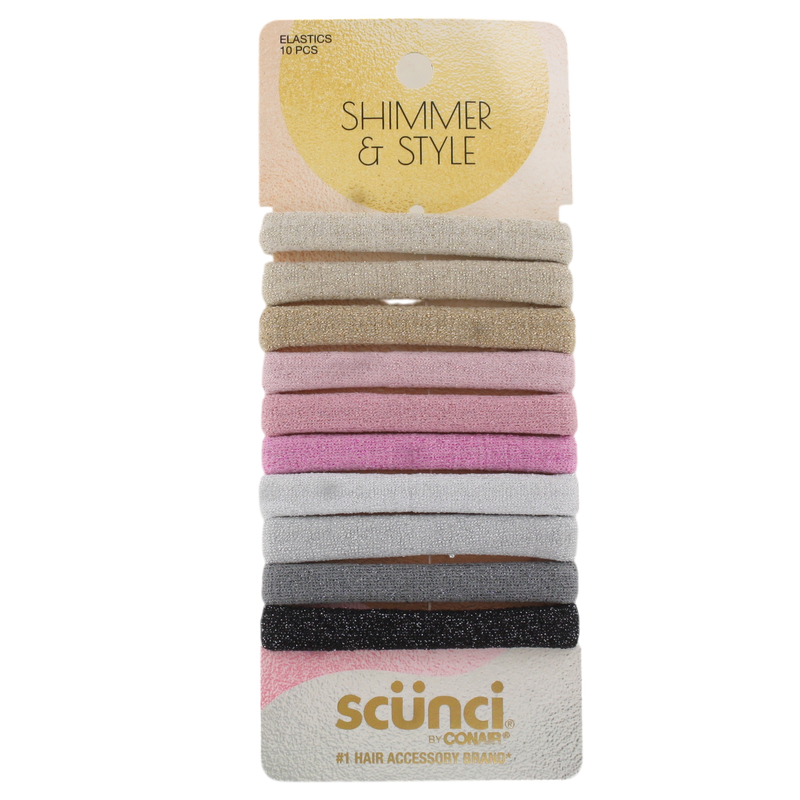 Scunci Shimmer & Style Glitter No Damage Hair Elastics, Assorted Colors, 10-Count