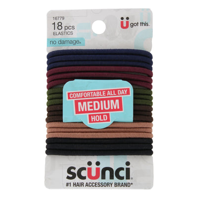 Scunci No-Damage Comfortable Medium Hold Hair Elastics, Assorted Colors, 18-Pieces