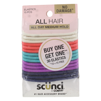 Scunci No Damage Hair Elastics, Bright Multicolor & Black, 30-Count (15 Assorted + 15 Black) – Medium Hold, Crease-Free Comfort