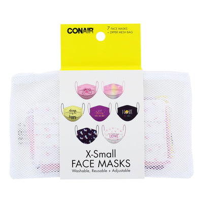 Conair Fashion Washable X-Small Face Mask with Zipper Mesh Bag, 7 Pack (Styles may vary)