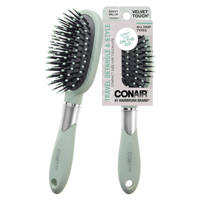 Conair Velvet Touch Oval Cushion Travel Detangling Hair Brush, Sage Green, 1-Count
