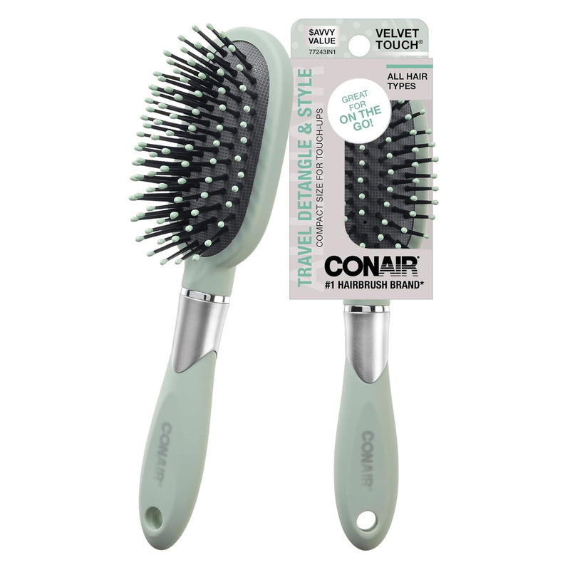 Conair Velvet Touch Oval Cushion Travel Detangling Hair Brush, Sage Green, 1-Count