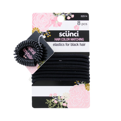 Scunci Hair Color Matching Elastics for Black Hair, 8-Pack with Spiral Ponytail Holder, No Damage Hair Ties for All-Day Hold