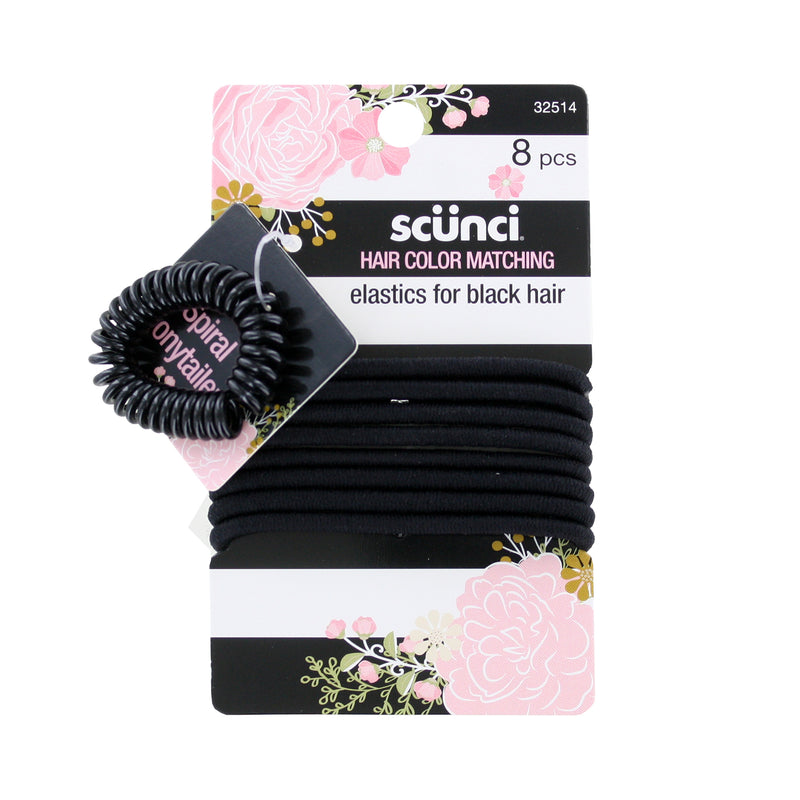 Scunci Hair Color Matching Elastics for Black Hair, 8-Pack with Spiral Ponytail Holder, No Damage Hair Ties for All-Day Hold