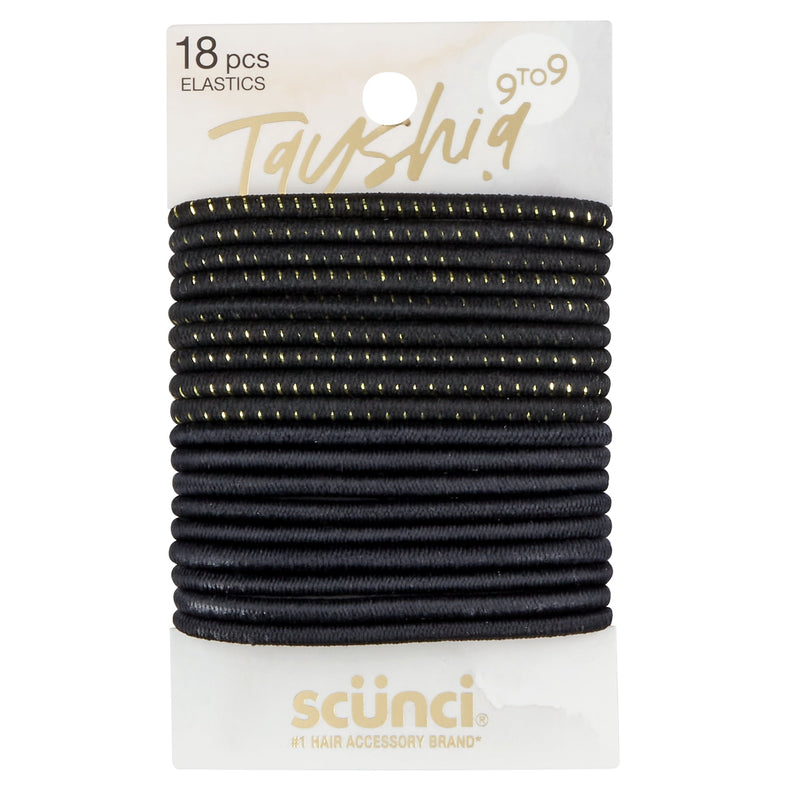 Tayshia by Scunci No Damage Elastic Ponytail Holder Hair Tie, Assorted Black, 18-Count