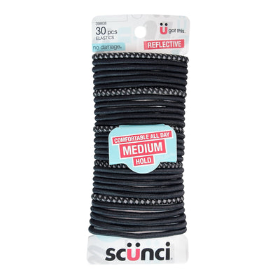 Scunci No-Damage Elastic Stretch Nylon Hairbands in Black with Reflective Detail, 30-Count