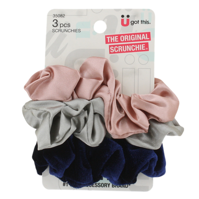 Scunci Satin Velour Hair Scrunchies, Assorted Colors, 3-Pack
