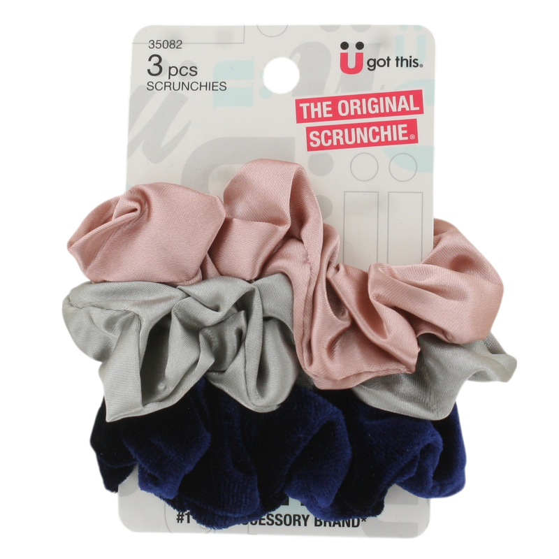 Scunci Satin Velour Hair Scrunchies, Assorted Colors, 3-Pack