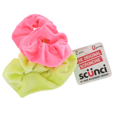 Scunci The Original Scrunchie, Neon Velvet Hair Scrunchies, Soft & Stretchy, No Damage, All Hair Types, Secure Hold for Ponytails & Buns, Bright Pink & Yellow, 2-Pack