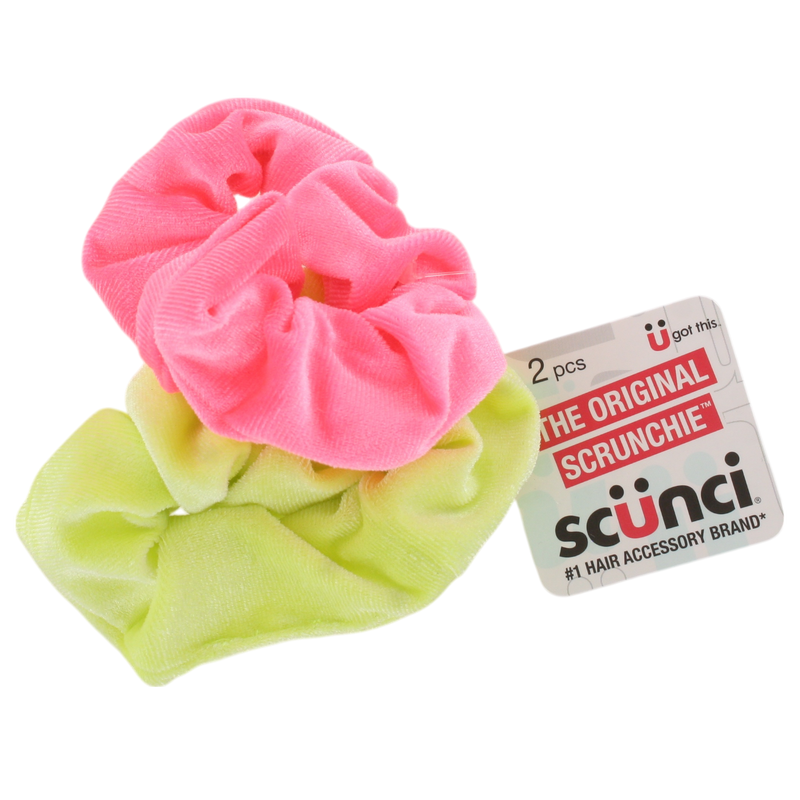 Scunci The Original Scrunchie, Neon Velvet Hair Scrunchies, Soft & Stretchy, No Damage, All Hair Types, Secure Hold for Ponytails & Buns, Bright Pink & Yellow, 2-Pack