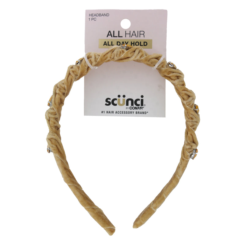 Scunci Velvet Wrapped Fashion Headband with Gemstone Embellishments, Beige