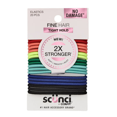 Scunci No Damage 2x Stronger Hold Ponytail Holder Hair Ties for Fine Hair, Assorted Colors, 20 Count