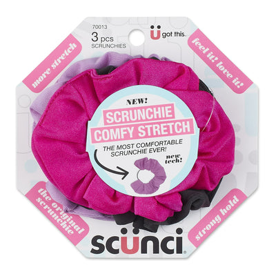 Scunci The Original Scrunchie Comfy Stretch Scrunchies in Black, Pink, and Purple, 3-Count