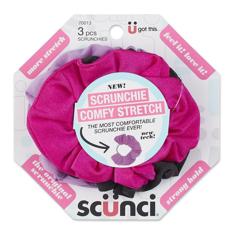 Scunci The Original Scrunchie Comfy Stretch Scrunchies in Black, Pink, and Purple, 3-Count