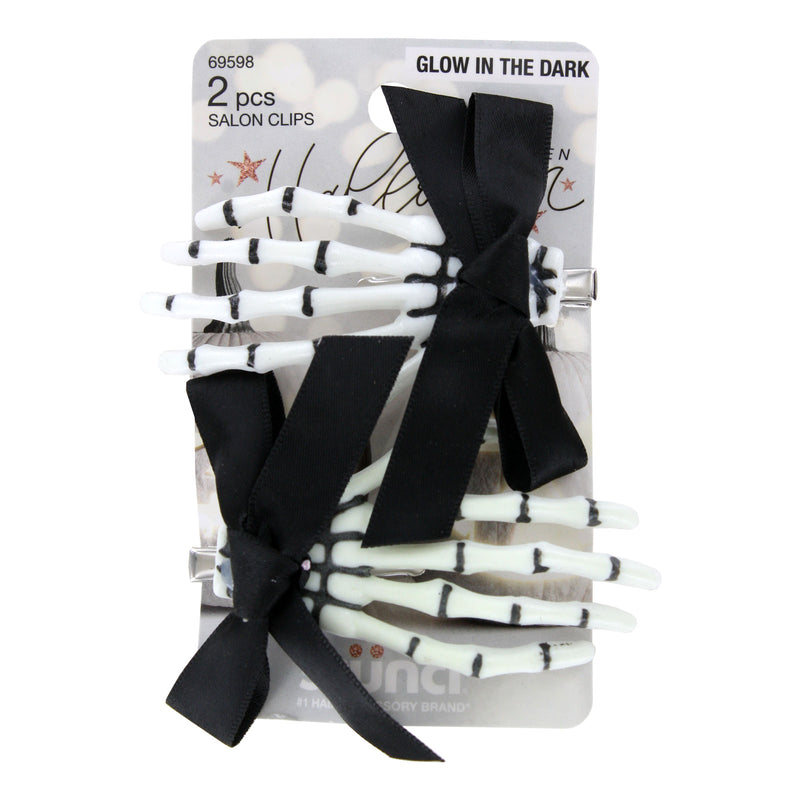 Scunci Glamoween Glow in the Dark Skeleton Hands Halloween Theme Hair Clips, 2-Pieces