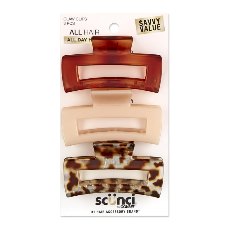 Scunci Open Cut Rectangular Claw Clips, Assorted Neutrals, 3-Pieces