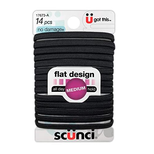 Scunci No-Damage Flat Hair Elastic Ties, Black, 14-Pieces