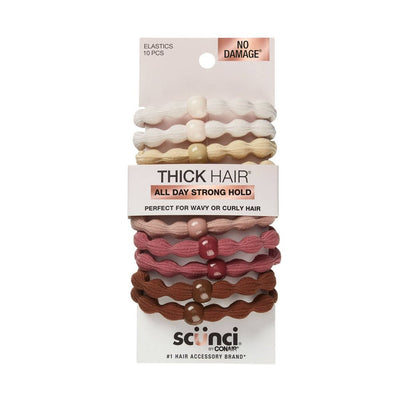 Scunci No Damage Thick Hair All Day Strong Hold Scallop Beaded Elastics, Assorted Neutrals, 10-Pieces