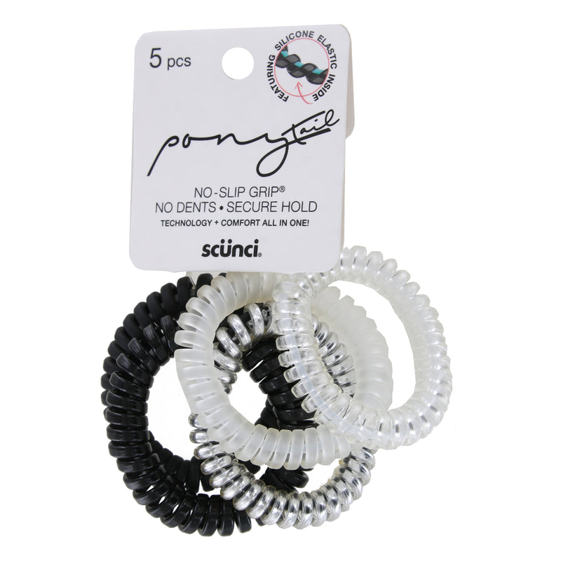 Scunci Ponytail No-Slip Grip No Dents Hair Spiral Ponytailers, Assorted Colors, 5-Pieces