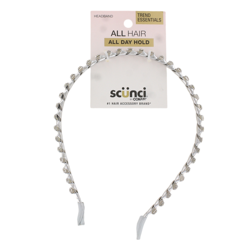 Scunci Trend Essentials Headband for All Hair Types – All Day Hold, Silver Twist Design, Comfortable No-Slip Fit